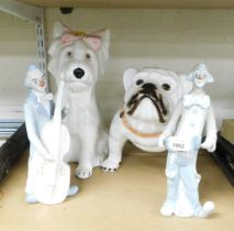 Two porcelain clown figures in the style of Lladro, a large Scottie dog with bow to hair, and a bull