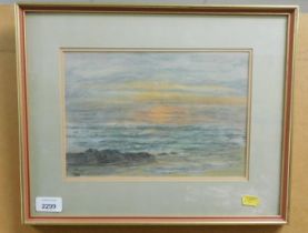 A small framed and glazed pastel study of a shoreline.