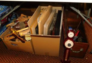 A quantity of shoe horns, box containing tools and a quantity of pictures and prints.