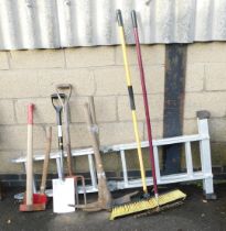 Garden tools, including aluminium step ladders, spade, lump hammer, axe, pick axe, large brush, etc.