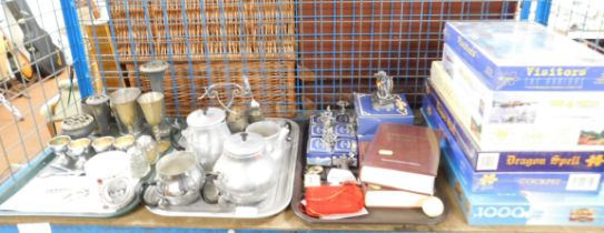 Metalware and games, silver plated items to include trumpet vases, tankards, teapots, cruet set, col