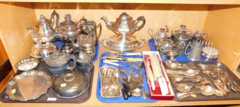 Silver plated wares, to include salvers, coffee pot, teapot, small milk jug, flatware, tureens, vari