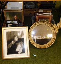Framed and glazed pictures, mostly portraits, some landscapes, and a large circular mirror in a gilt