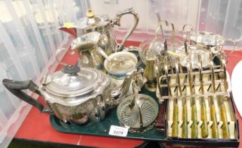 Silver plated wares, to include a teapot, coffee pot, toast rack, jam dishes, jugs and knives, etc.