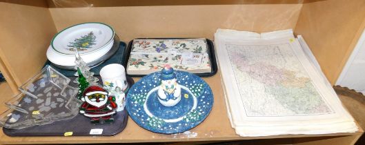 Ceramics, to include Christmas wares, tablecloths, and a quantity of maps. (1 shelf)