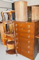 A six drawer oak veneered chest of drawers, a Lloyd Loom style linen basket, a corner whatnot, a sma