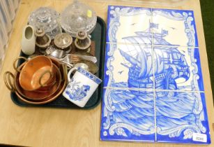 Ceramics and silverware, to include a six tile ship portrait, cooking pans, small preserve pans, cut