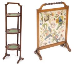 A three tier cakestand and a firescreen with embroidered panel.