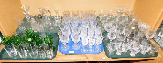 Glassware, to include wine glasses, champagne coupes, jugs, large goblet, green glass, etc. (5 tray