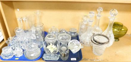 Glassware, including cut glass decanters, rose bowls, jugs, small drinking glasses. (1 shelf, 2 tray