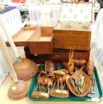 Treen wares, to include a writing slope, animals and boxes. (a quantity)