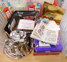 Silver plate and philately, items to include teapot, tea service, and tray, various stamps and stamp