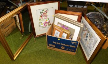 A large gilt framed rectangular bevelled mirror, floral fire screen, together with a box of prints.