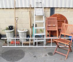 Two garden planters, and a quantity of garden tools including brushes, set of aluminium step ladders