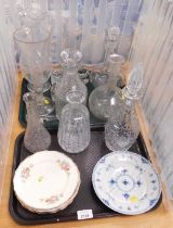 Ceramics and glassware, large ewer, three decanters, trumpet vase, plates, etc. (2 trays)