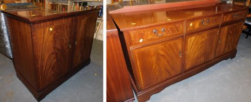 A mahogany veneered music cabinet, and a sideboard of three drawers over three doors, raised on brac