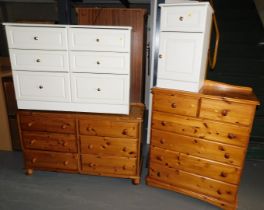 A pine chest, of two short over four long drawers, another pine chest of six drawers, two white mela