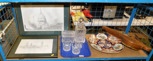 Glassware, ceramics, pictures, two pictures of London, framed and glazed, a barometer, a large Chine