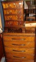 A small mahogany veneered four drawer chest, raised on bracket supports, and a oak five drawer chest