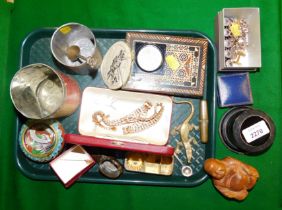 Costume jewellery, including cuff links and chains, a necklace, metalware, treen Buddha, cloisonne,