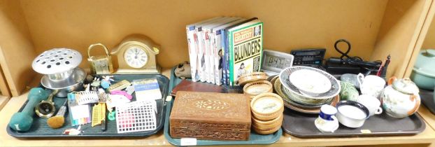 Miscellaneous items, including treen coasters, box, two clocks, pencils, a quantity of Chuck DVDs, s