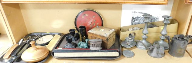 Metal and treen wares, to include scissors, brushes, hand mirror, measuring slides, tray, wooden box