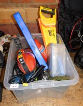 A box containing a quantity of tools, items to include balusters, fire extinguishers, torches, etc.