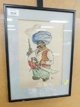 A framed and glazed watercolour cartoon of a Mexican bandit.