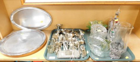 Glassware and plated wares, including two platters, sugar nips, spoons, toasting fork, small trophy