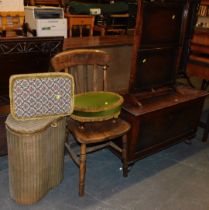 Two cake stands, a small oak chest or blanket box, two stools, a Lloyd Loom style linen basket, and