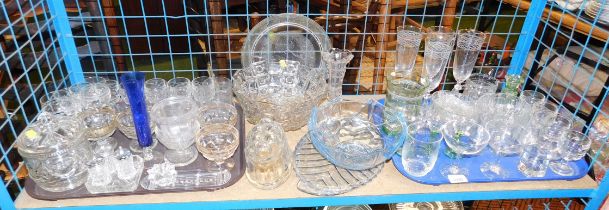 Glassware, to include small drinking glasses, champagne flutes, blue glass bowl, jelly mould, etc.