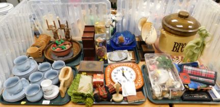 A Denby ware tea service, treen including tray, two miniature spinning wheels, a collection of other