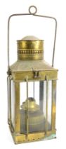 A brass oil ship's lantern, of square form with ring handle, 38cm high.