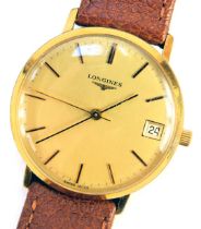 A Longines gentleman's wristwatch, the circular gold coloured dial bearing baton pointers and date m