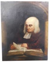 18thC English School. Portrait of a clergyman reading, quarter profile, oil on canvas, unsigned, 71c