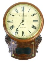 A 19thC mahogany cased drop dial wall clock, the circular off white enamel dial bearing Roman numera