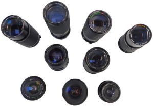 A quantity of camera lenses, various makers and sizes, makers to include Tokina, Hoya, Cosina, Hanim