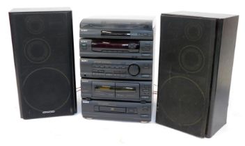 A Sony hi-fi system, comprising turntable, cassette deck, etc, together with a pair of Kenwood speak