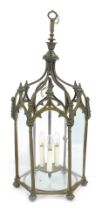 An Edwardian gilt brass Gothic hanging hall lantern, 80cm high.
