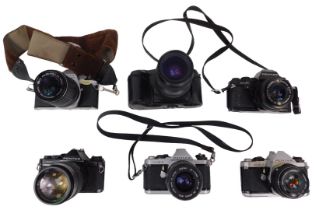 A quantity of Pentax cameras, to include MV, a Super A, MEF (2), an ME Super, Z10. (6)