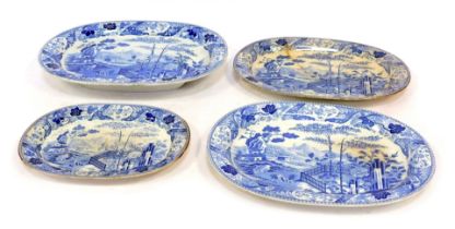 A group of blue and white meat and serving plates, to include a Wedgwood oval meat dish, 51cm wide,