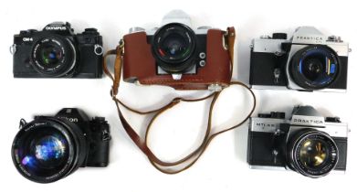 Four various cameras, to include a Nikon EM, Praktica LTL, Praktica IV, Praktica MTL5B, and an Olymp