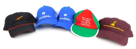 Five horse racing relating caps, comprising Godolphin (2), German Racing, Mouse Morris and Beneficia