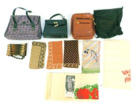 A group of handbags, to include a Lulu Guinness canvas bag, decorated with shoes, hand mirror, etc,