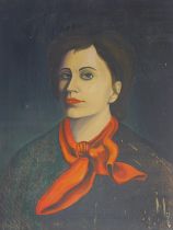 20thC School. Portrait of a lady wearing red neck tie, oil on canvas, unsigned, 66cm x 50cm.