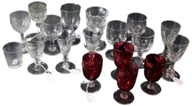 A group of 19thC and later glasses, to include small rummers, set of four cranberry glasses, etc. (1