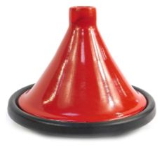 A Le Creuset cast iron and pottery tagine, with black cast iron base, and red conical lid, 30cm high