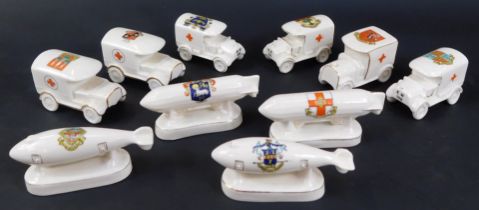 A collection of crested china World War One ambulances and airships, to include Shelley China Red Cr