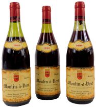 Three bottles of Moulin-a-Vent Varn du Beaujolais 1991, boxed.