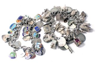 Two charm bracelets, comprising a white metal example with various charms, some stamped 925, others